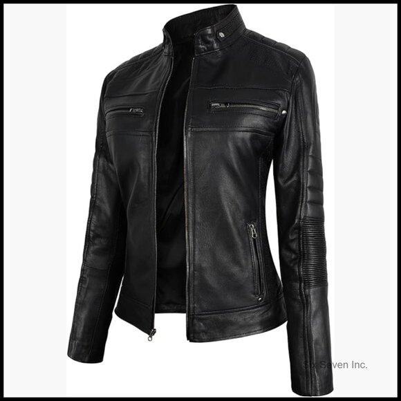 Lambskin Leather Cafe Racer Biker Jacket Women Fitted Moto Style